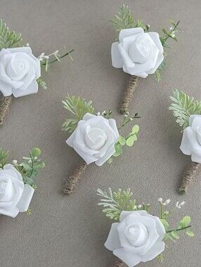 Set Of 6 White Rose Bouteniers Groom Wedding Flower Brand New Ships Fast Bride